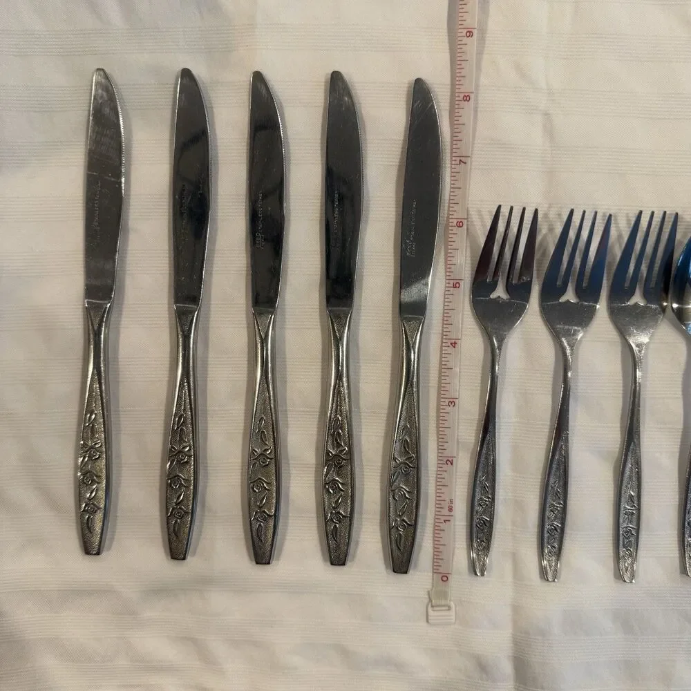 Ekco Eterna Rose Cotillion Stainless Flatware Knife Fork Spoon 13 Pc Vintage